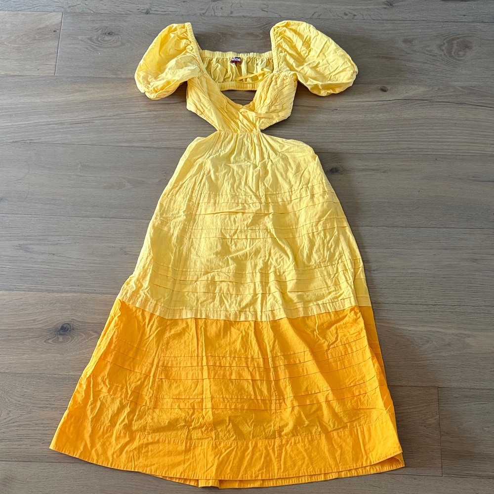 Staud Yellow Two-Tone Puff Sleeve Maxi Dress. Size Small